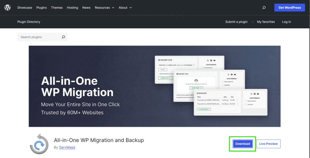 All-in-One WP Migration and Backup plugin page on WordPress.org