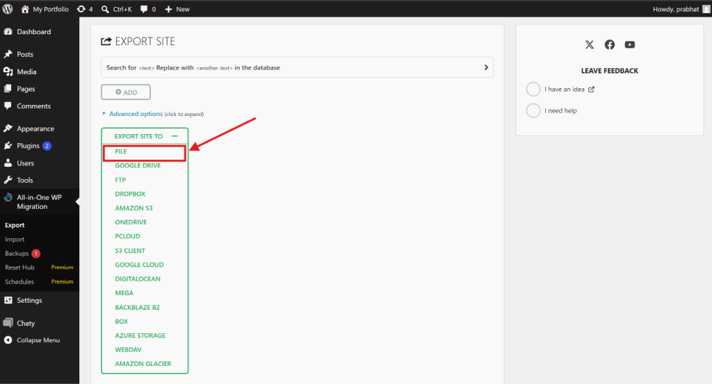 All-in-One WP Migration export page showing the Export Site To File option