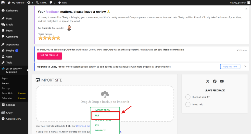 All-in-One WP Migration import page showing the Import From File option