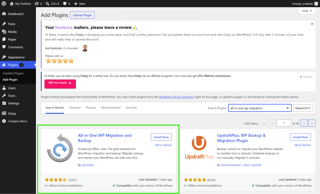 migrate wordpress site to shared hosting - install All-in-One WP Migration