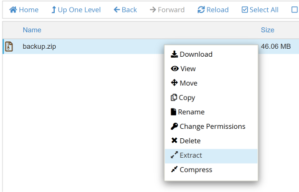 cPanel File Manager showing the Extract option for a WordPress backup ZIP file