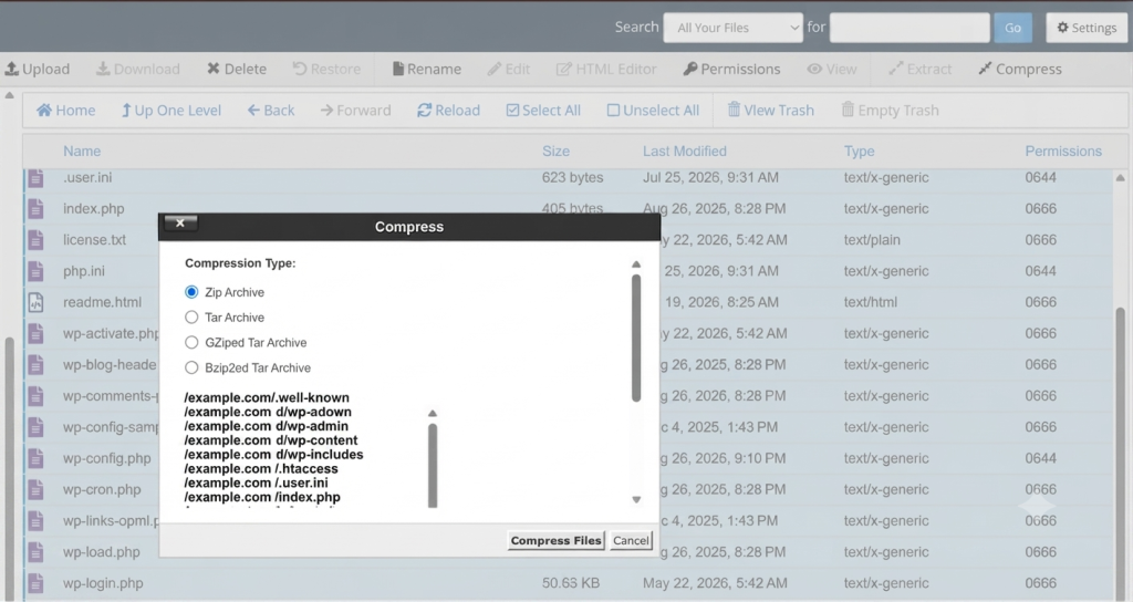 cPanel File Manager showing the Compress dialog to create a ZIP archive of WordPress files