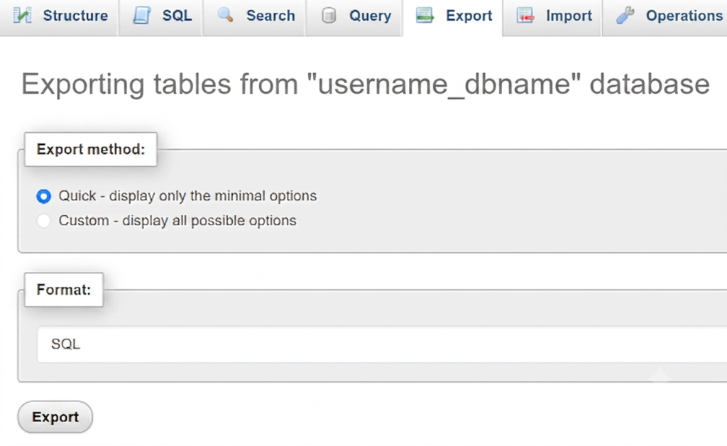 phpMyAdmin export page showing the Quick export method and SQL format