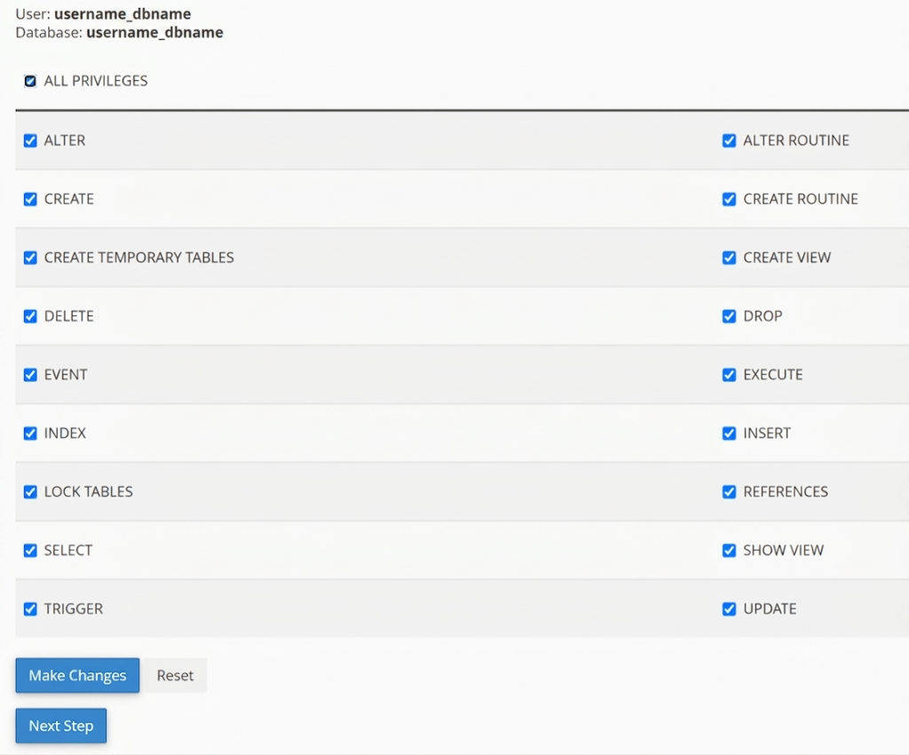Grant all privileges to the MySQL database user in cPanel