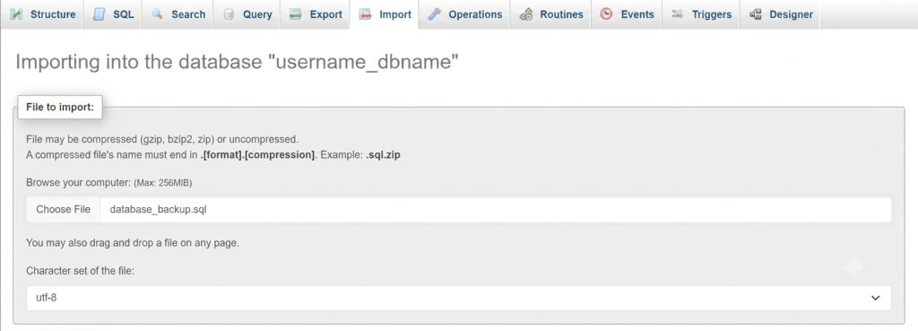 phpMyAdmin import page with a WordPress database backup file selected