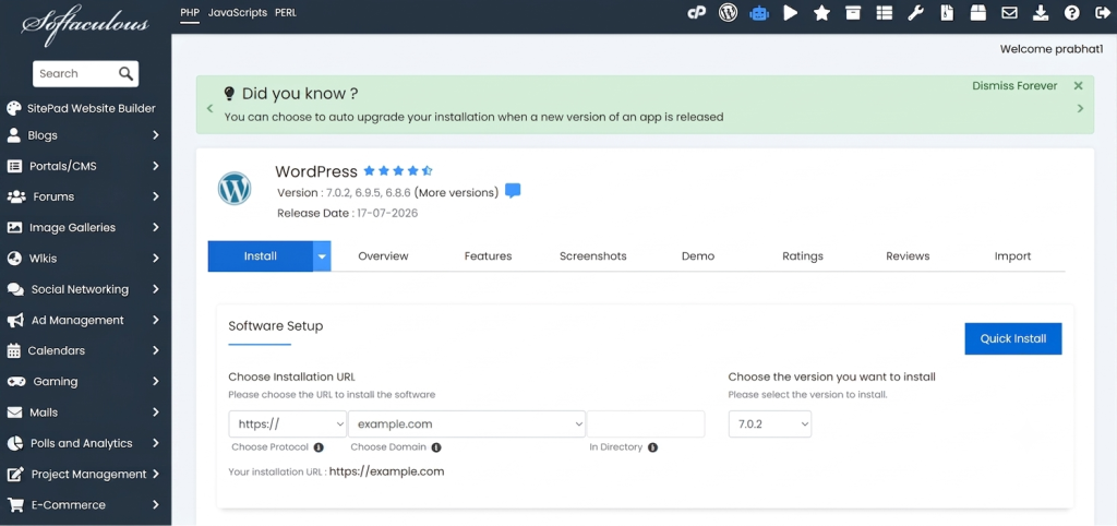 Softaculous WordPress installation page showing the Software Setup options