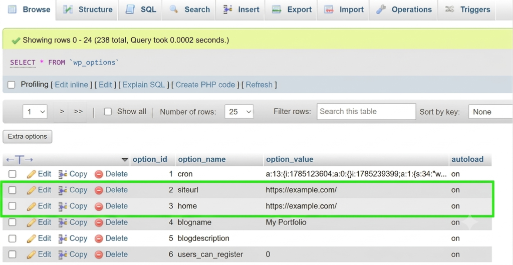 phpMyAdmin wp_options table showing the siteurl and home values