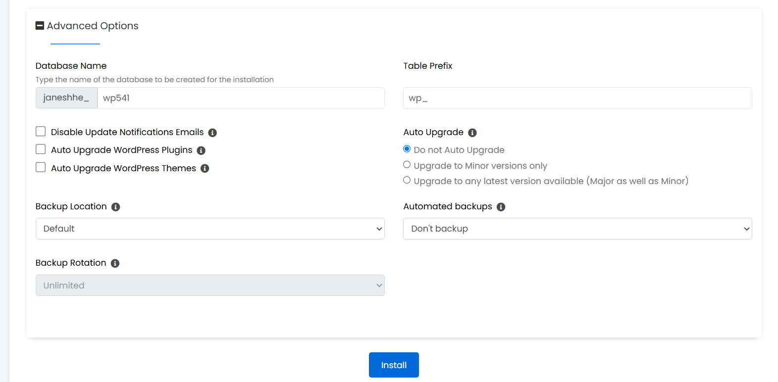 Advanced options and automatic backup settings