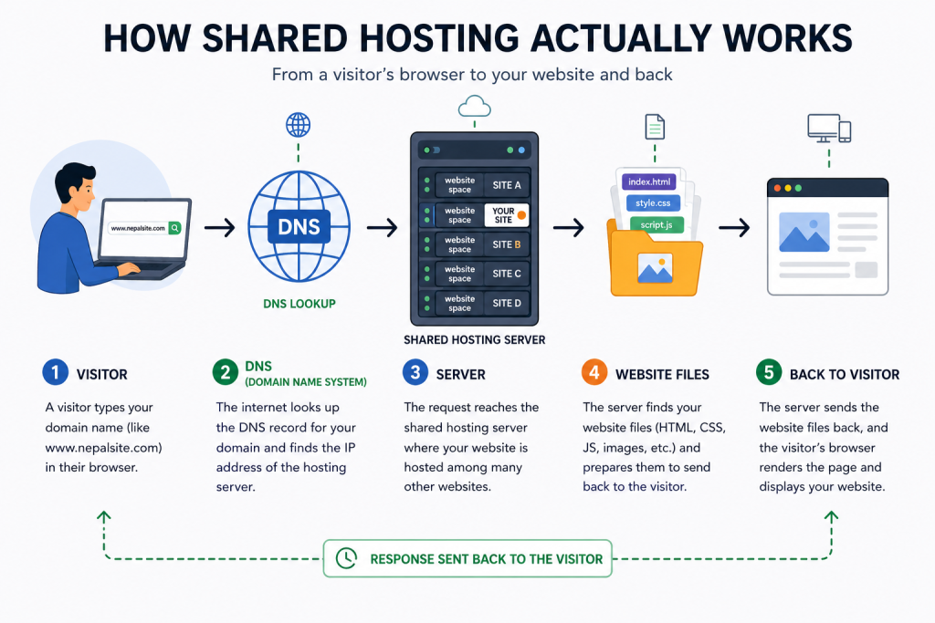 Diagram showing how a website request flows from the visitor's browser through DNS lookup to the hosting server and back