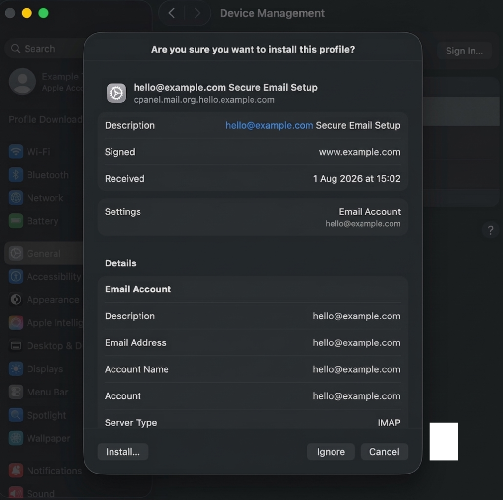 Profile Installation in Apple Mail MacBook