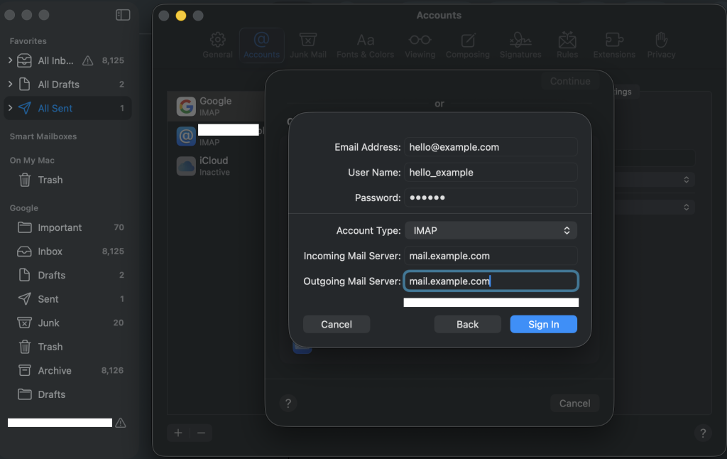 Email account add incoming & outgoing mail server Apple Mail