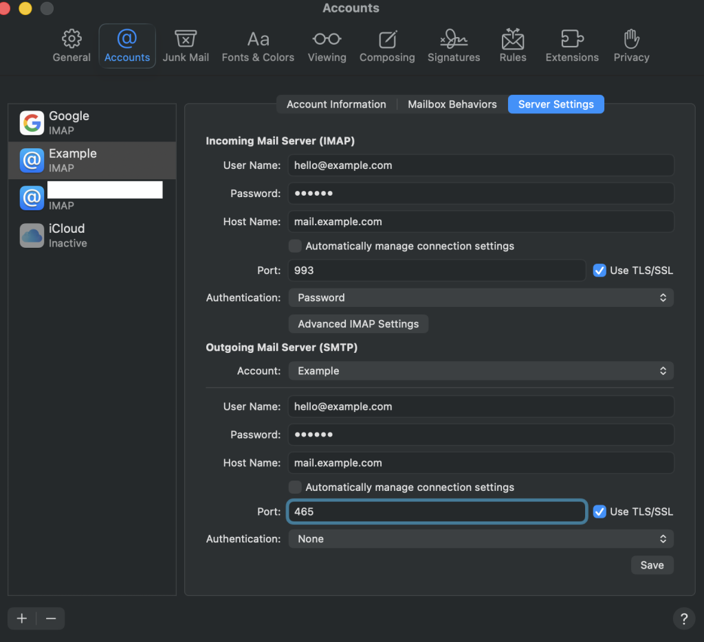 Email account server settings in Apple Mail