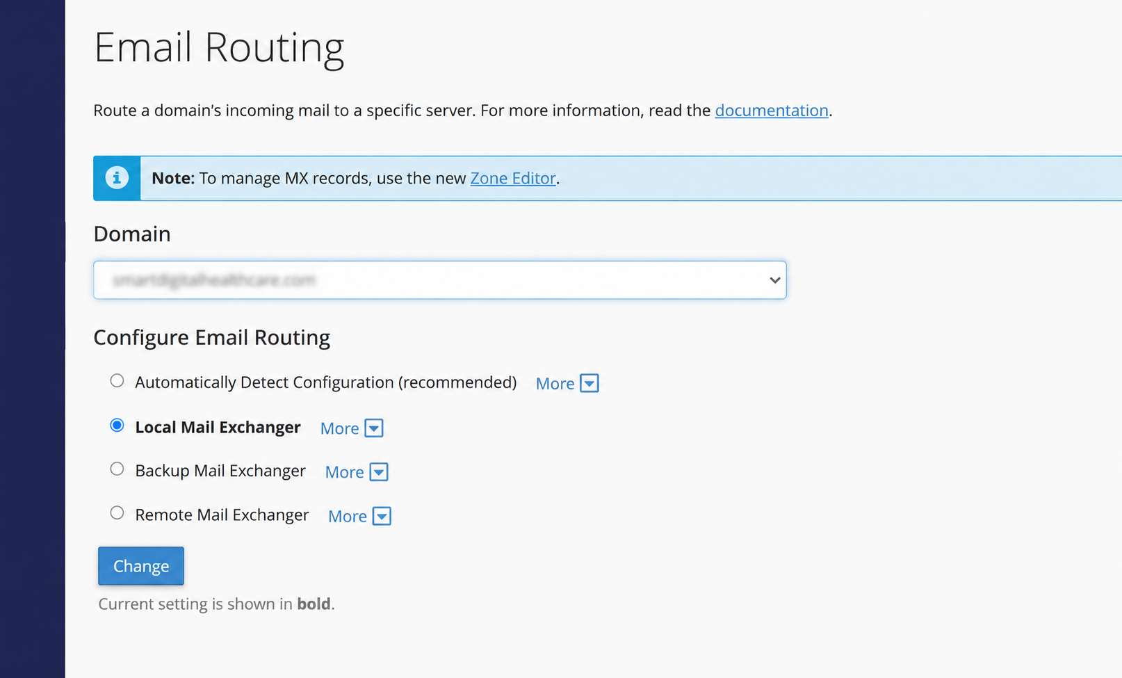 Email Routing settings in cPanel showing Local and Remote Mail Exchanger options