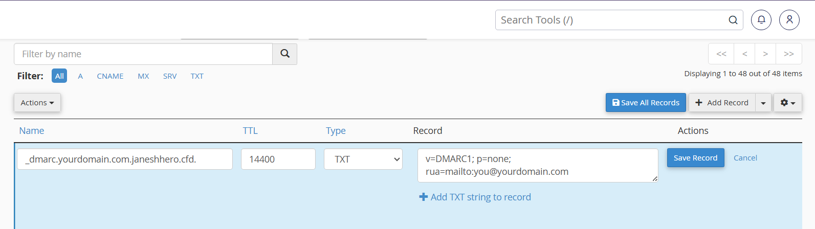 Adding a DMARC TXT record in the cPanel Zone Editor