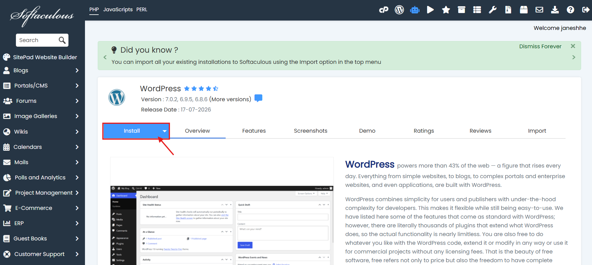 WordPress page inside Softaculous