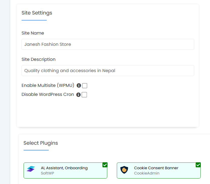 Site name and site description fields in Softaculous