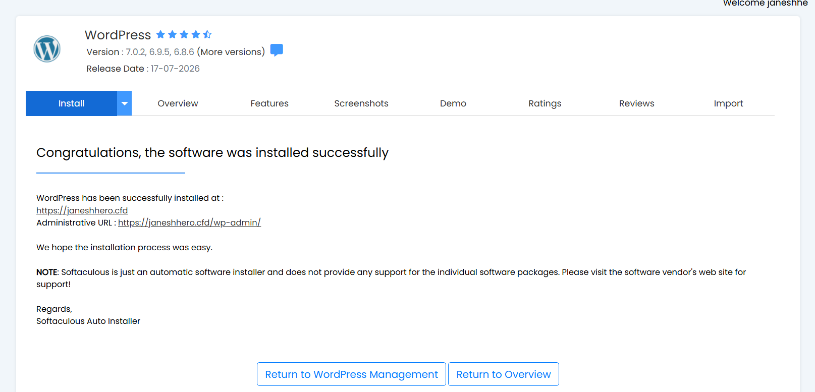 Successful WordPress installation message