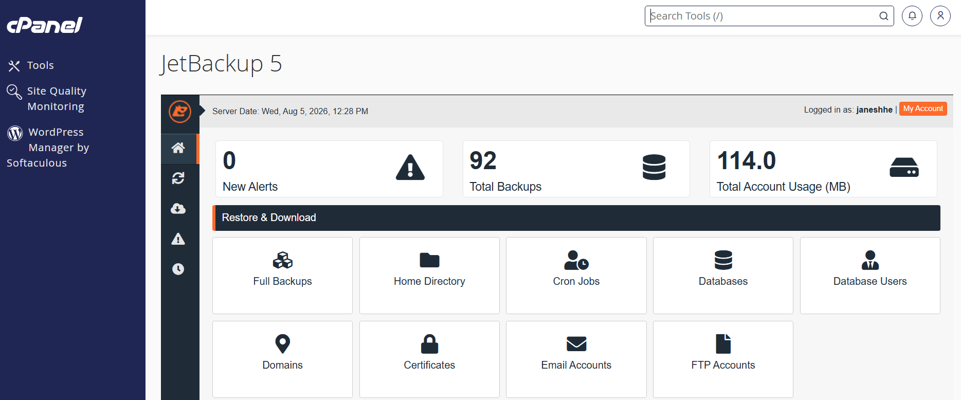 JetBackup backup restore options in cPanel