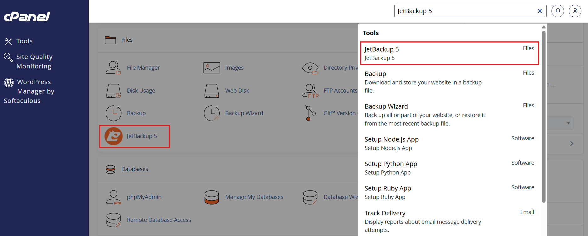 Opening JetBackup 5 from the cPanel dashboard