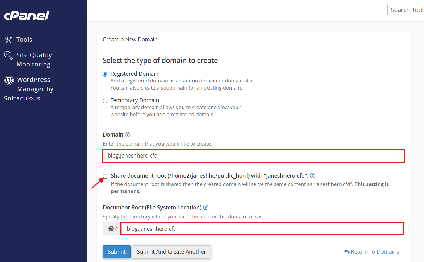 Choose document root for a cPanel subdomain