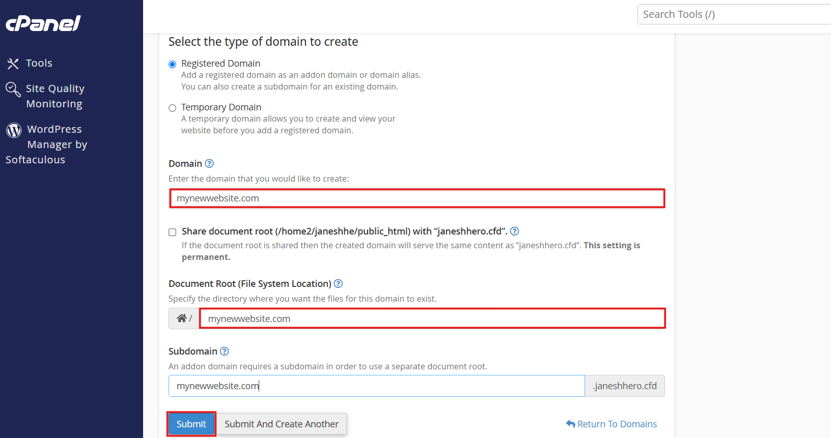 Configure separate document root for addon domain in cPanel