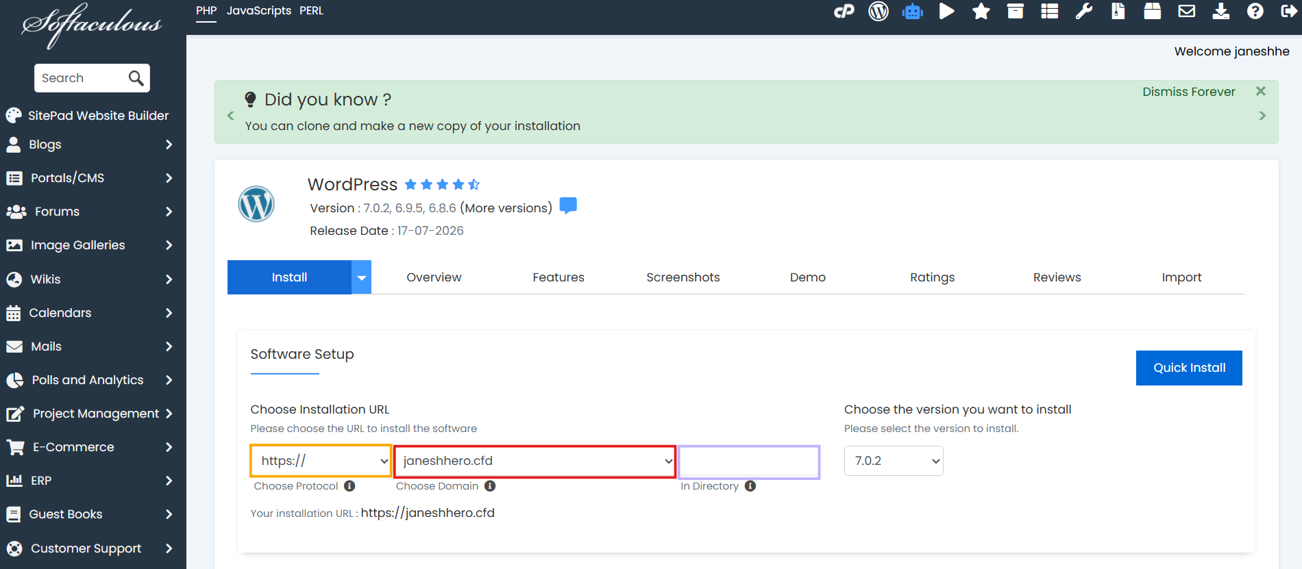 Select domain and installation directory in Softaculous