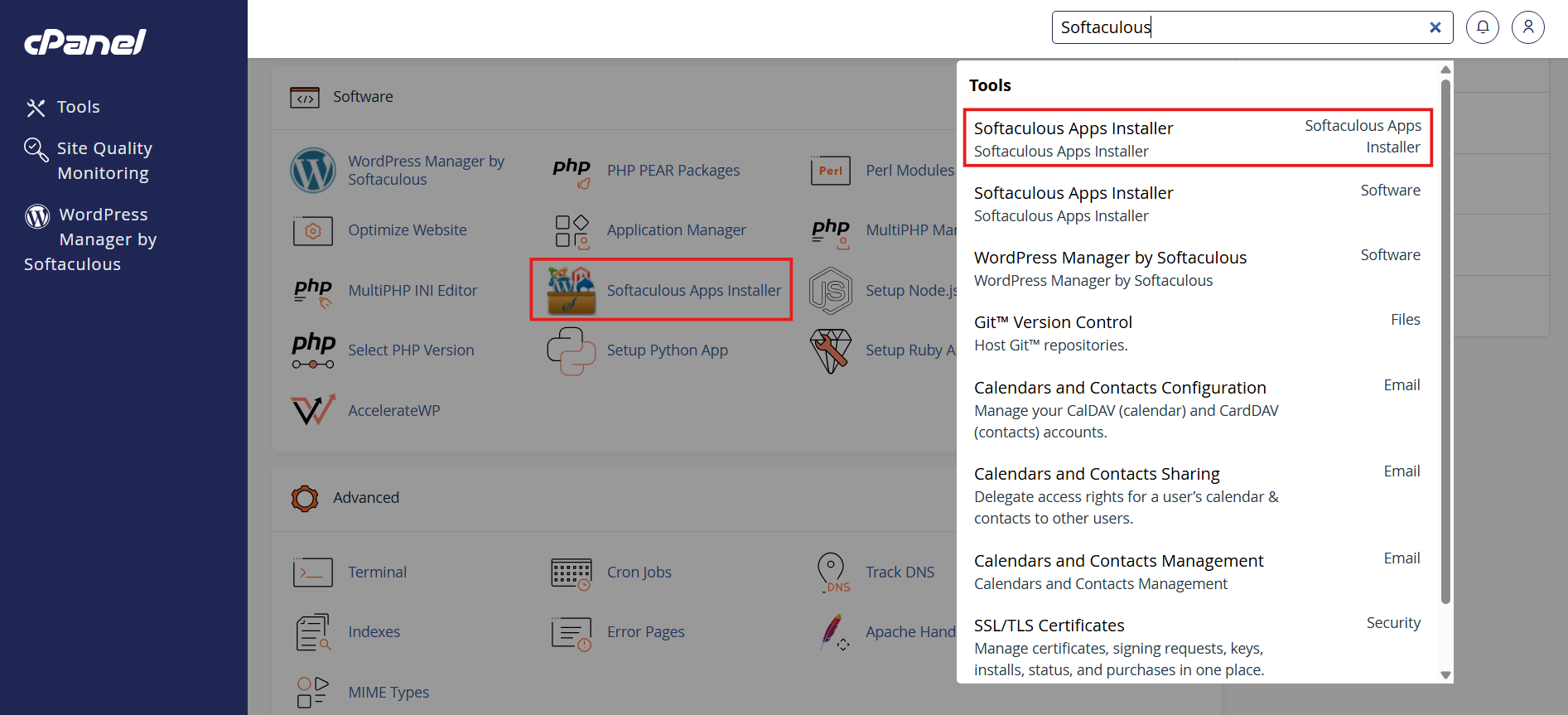 Softaculous Apps Installer inside cPanel
