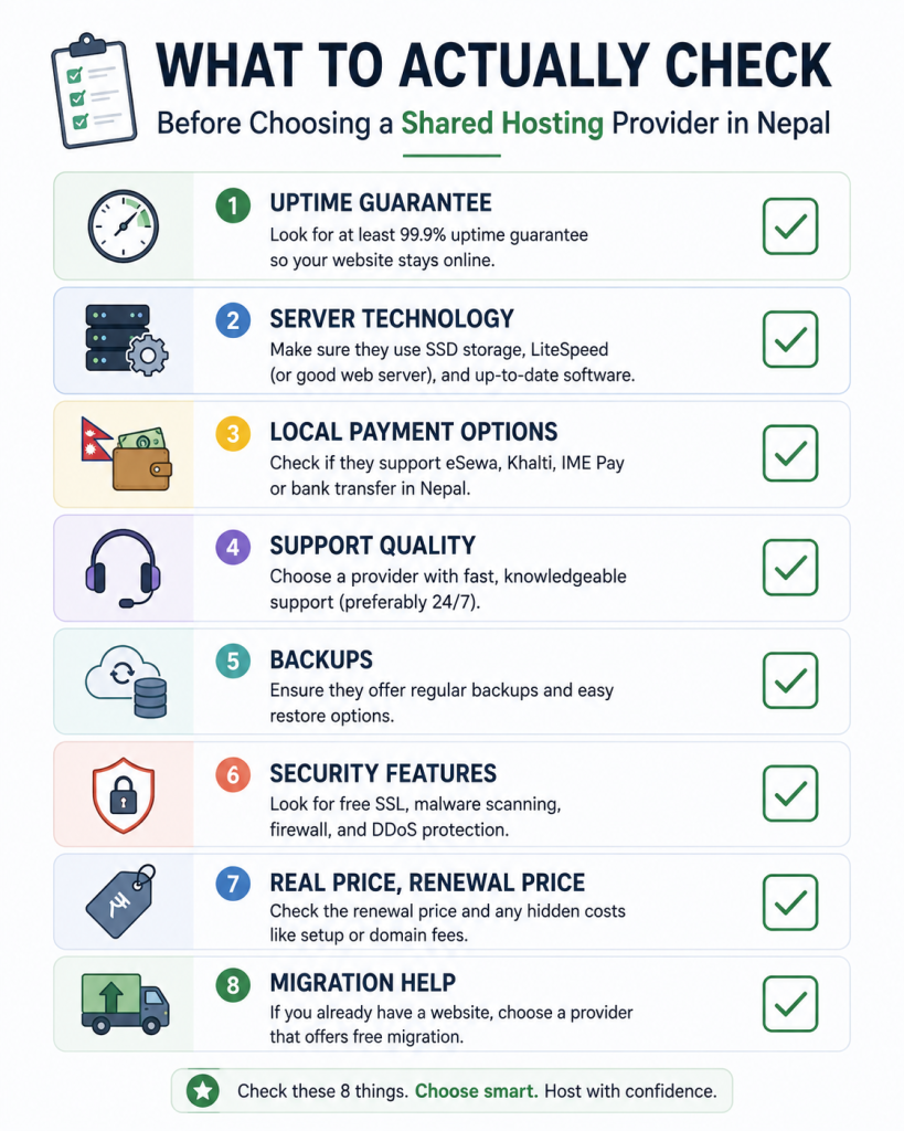 Checklist graphic for choosing a shared hosting in Nepal