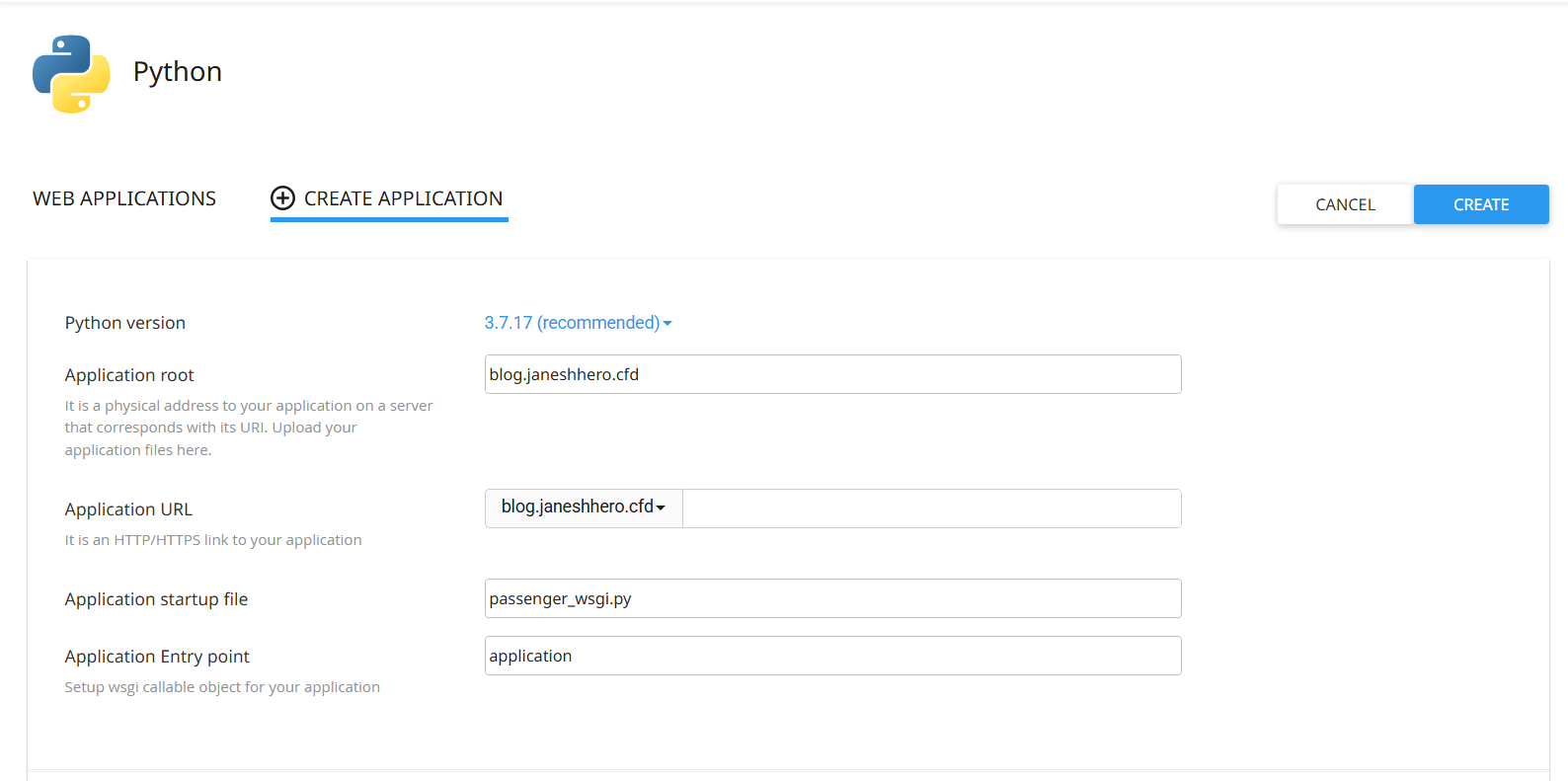 cPanel Setup Python App form