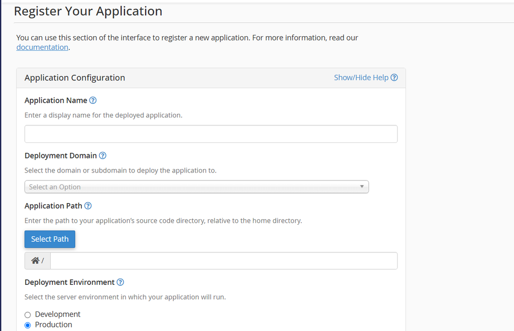 cPanel Application Manager register application form
