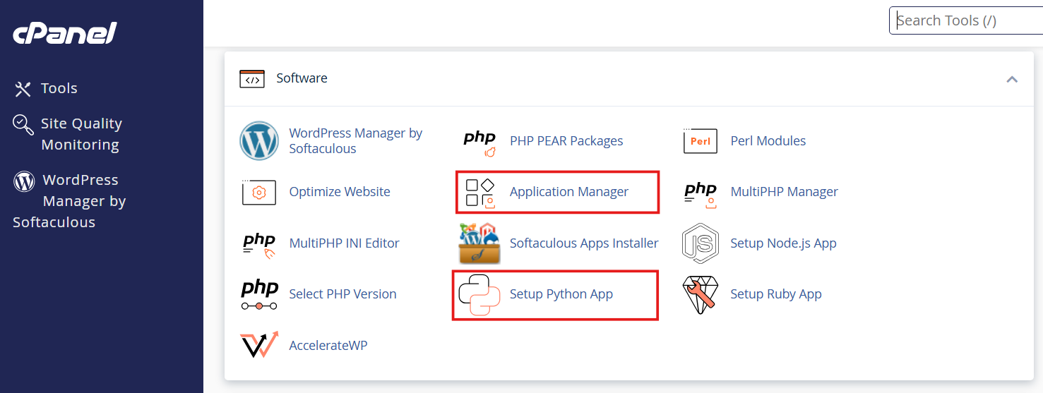 cPanel Software section with Setup Python App and Application Manager