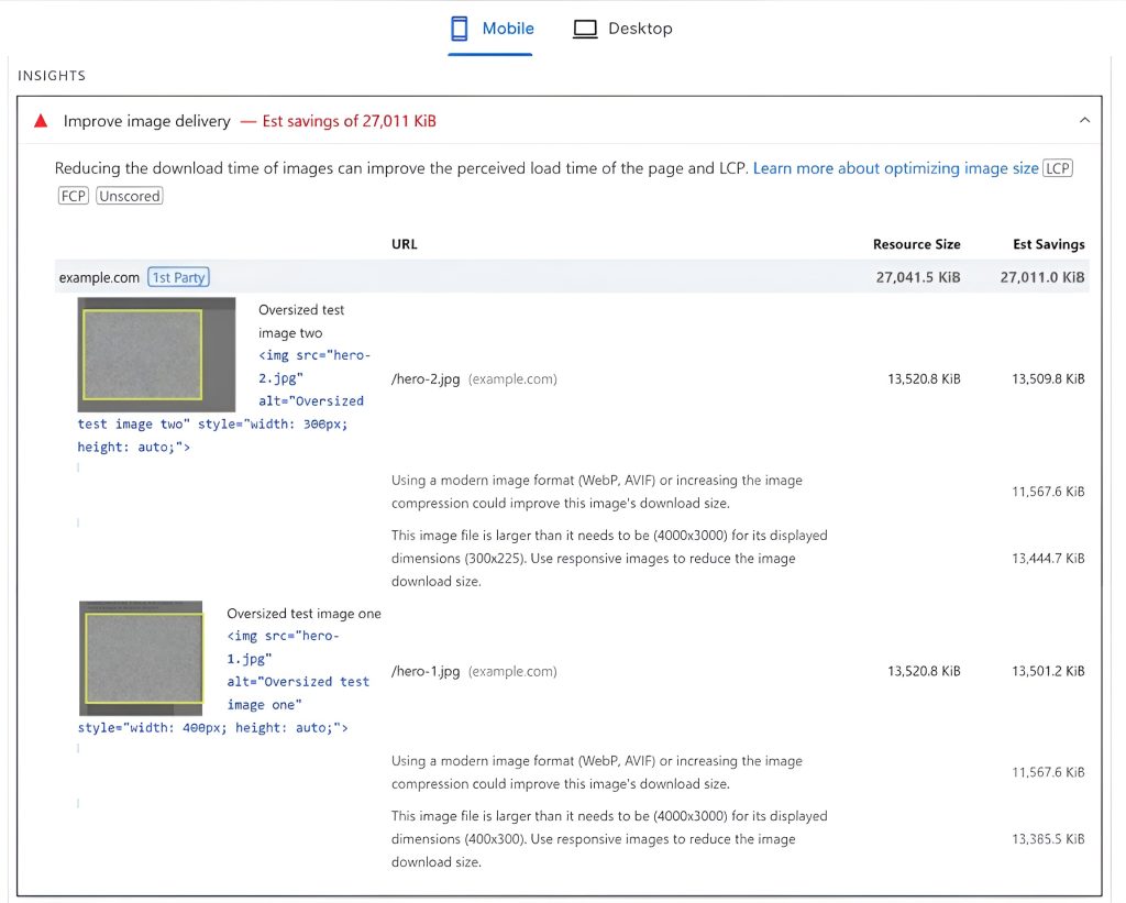 PageSpeed Insights report with image optimization recommendations and estimated savings in kilobytes