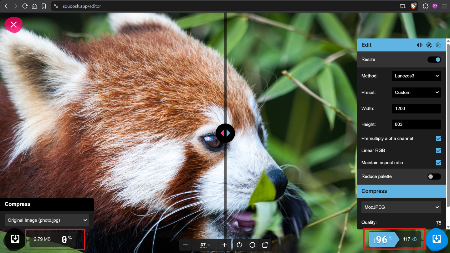 Squoosh web app showing how to optimize images for faster loading by resizing and comparing file sizes