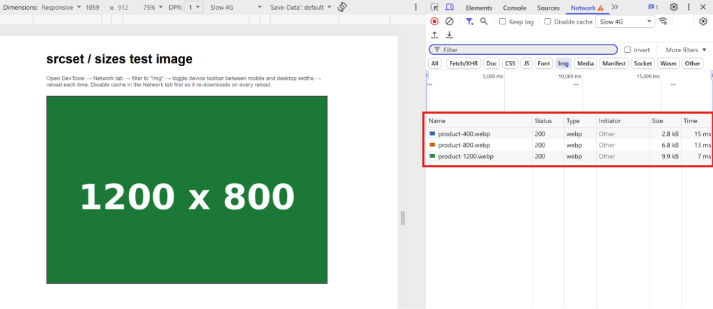 Chrome DevTools Network tab showing different image file sizes loaded on mobile versus desktop