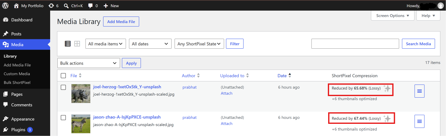 WordPress Media Library with image compression statistics showing file size reduction